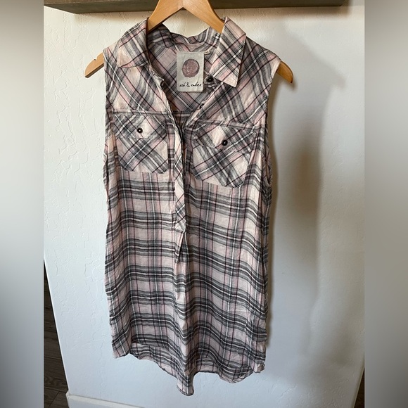 Anthro Ash & Ember Plaid Sleeveless Button Down Shirt Dress, pockets—size Med••• - Picture 2 of 14